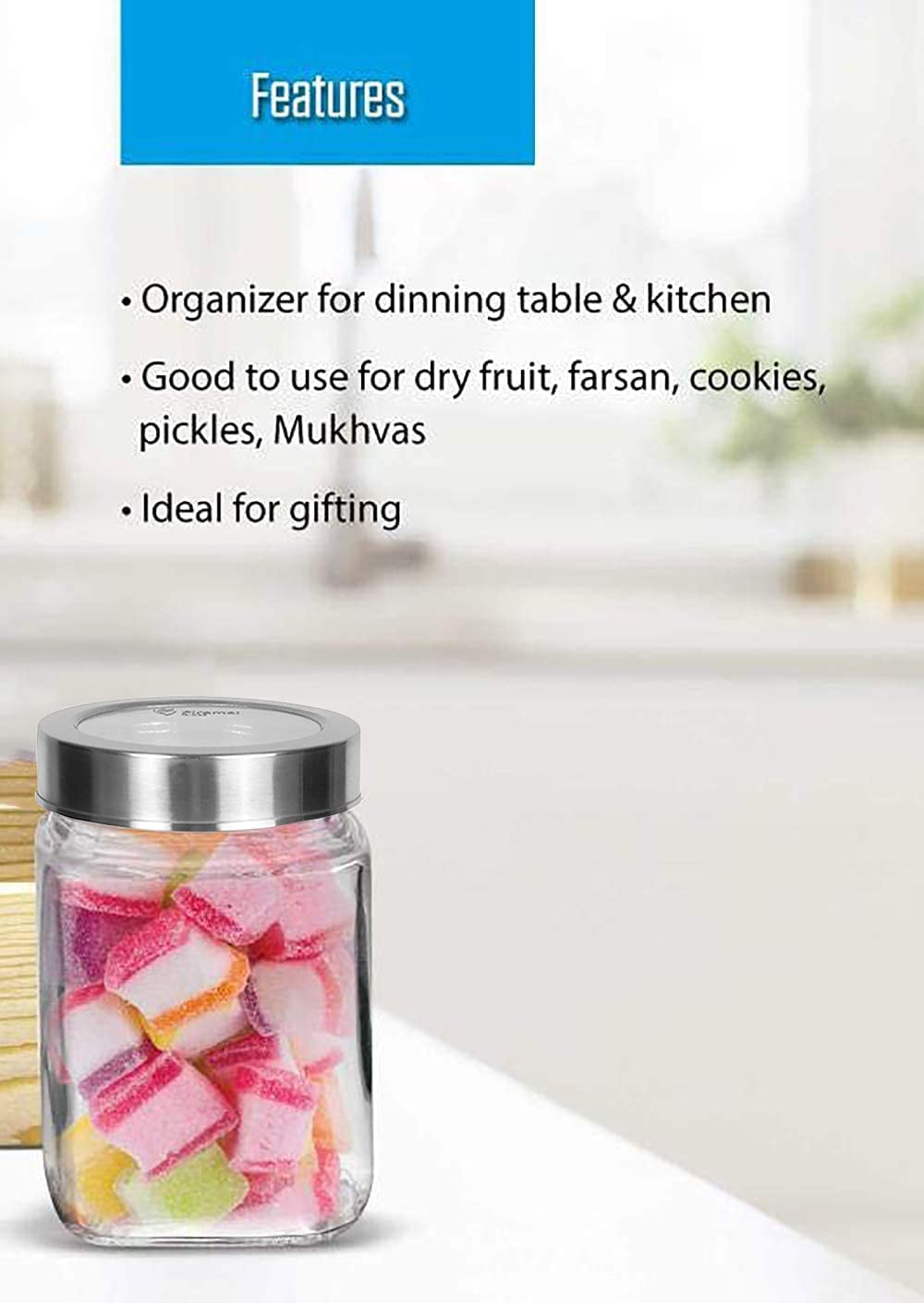 Brezzycloud Piraml Glass Cubical Square Transparent Glass Jars & Containers for Kitchen Pantry, Masala, Honey, Jams, Pickles, Co